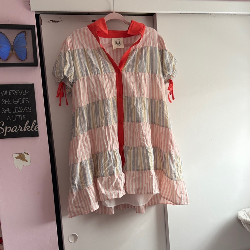 Striped Pink blue green Button-Up babydoll dress